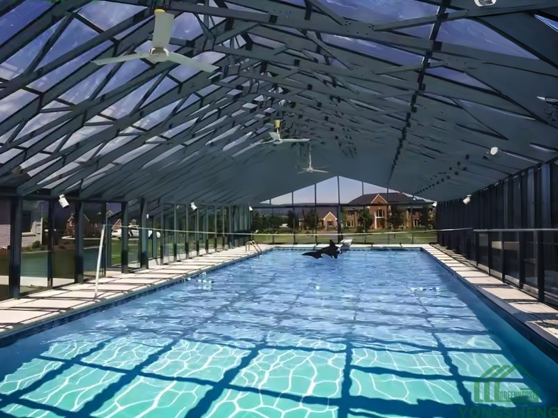 Steel And Glass Garden Greenhouse With Swimming Pool